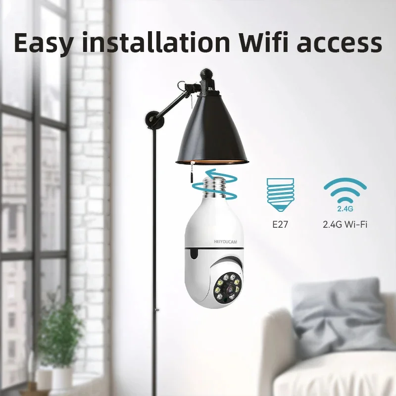 Light Bulb Security Camera, 2.4 GHz WiFi 1080p Indoor Outdoor Camera for Baby/Elder/Pet, E27 Light Socket Camera with 360° View