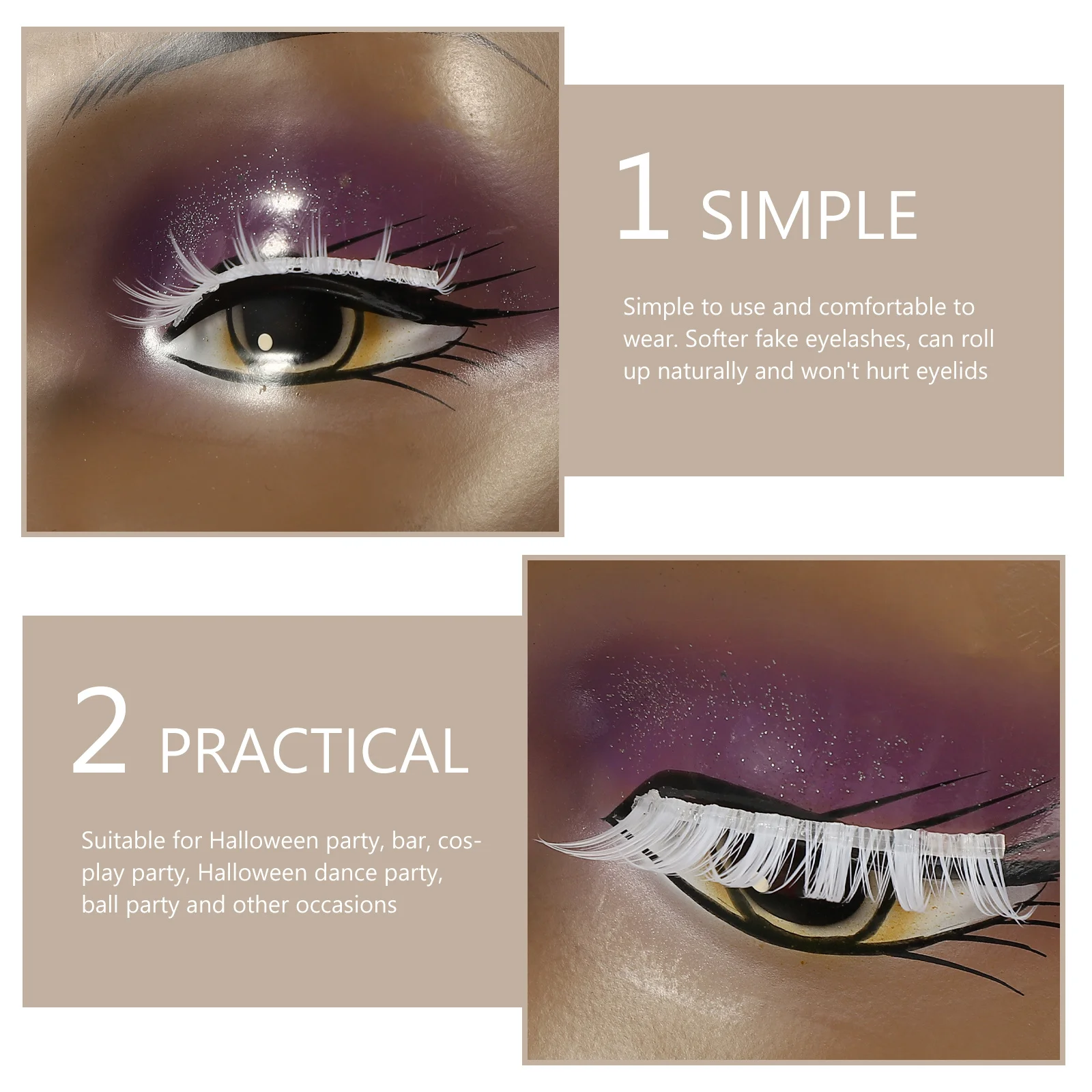 3 paires de faux cils blancs en Fiber douce, légers, pour Cosplay, mascarade d'halloween, accessoires de maquillage