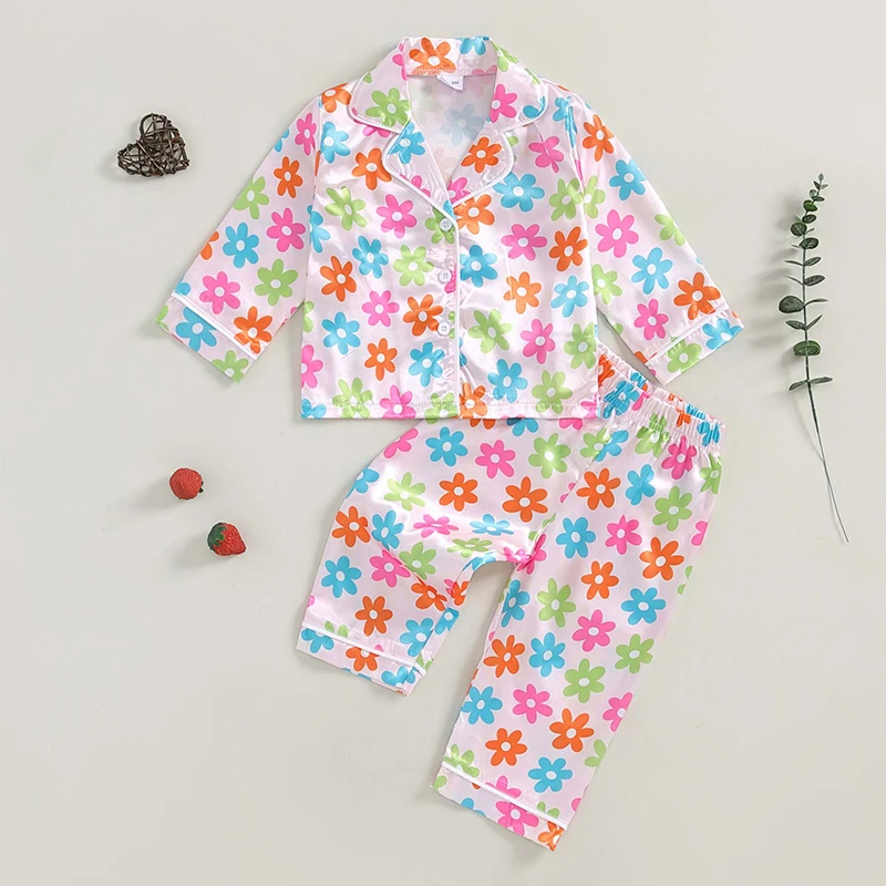 1-5 Years Kids Girls Pajamas Set Floral/Chicken/Strawberry Print Button Long Sleeves Shirt Elastic Pants Loungewear Sleepwear