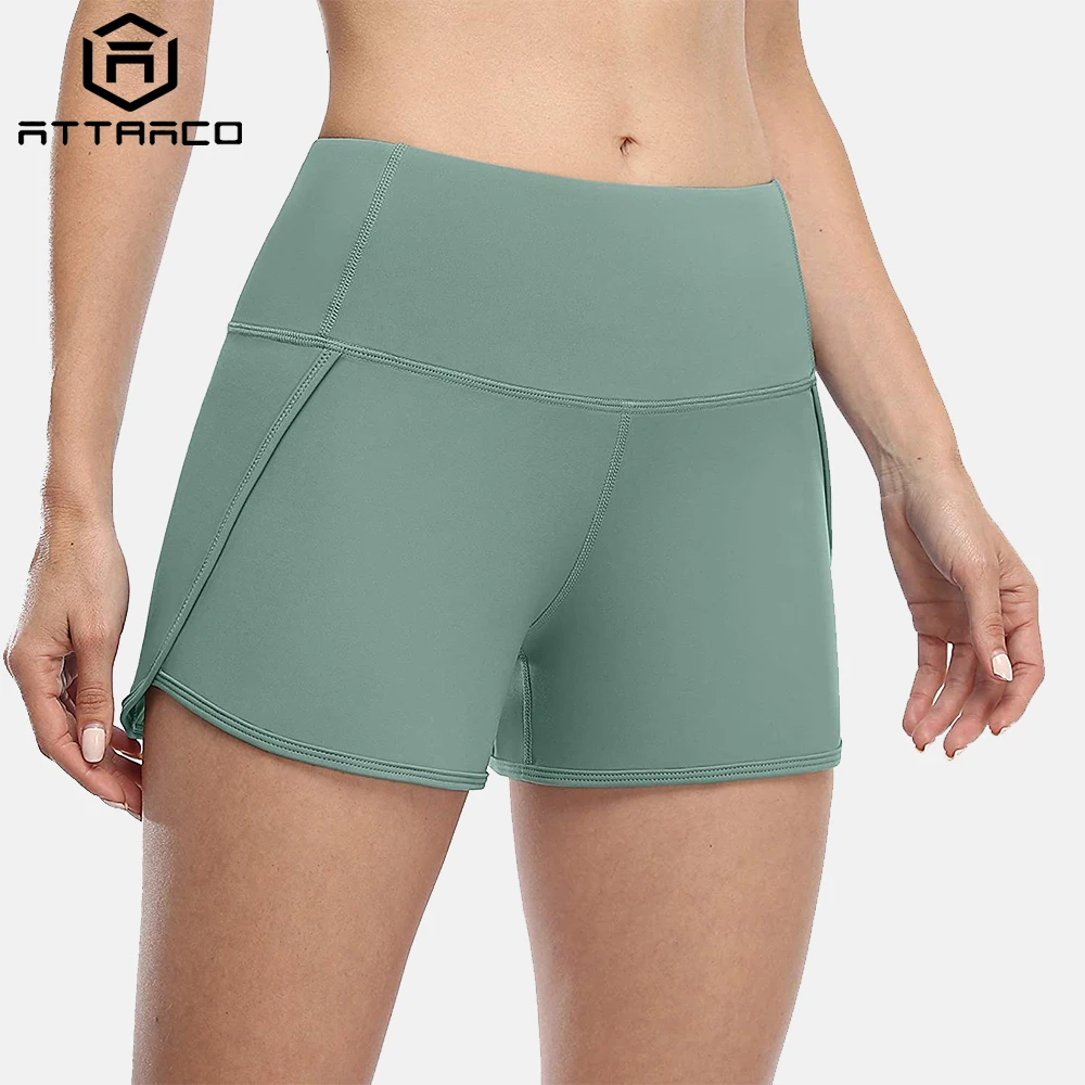 Attraco Women Yoga Shorts Mid-Waist Soft with Back Pockets Sporty Shorts Running Jogging Solid Gym Wear