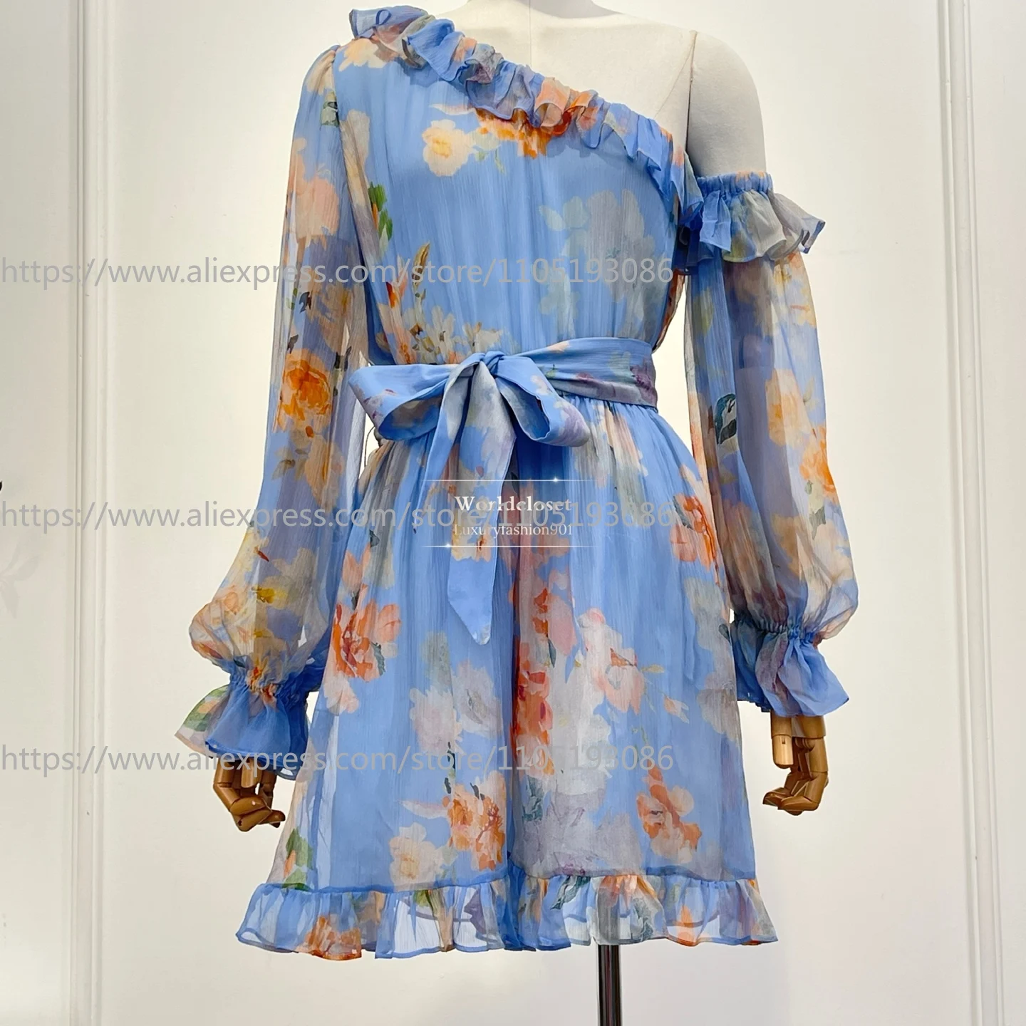 

2026 Summer New Women's High Quality Blue Floral Print One Shoulder Jumpsuit