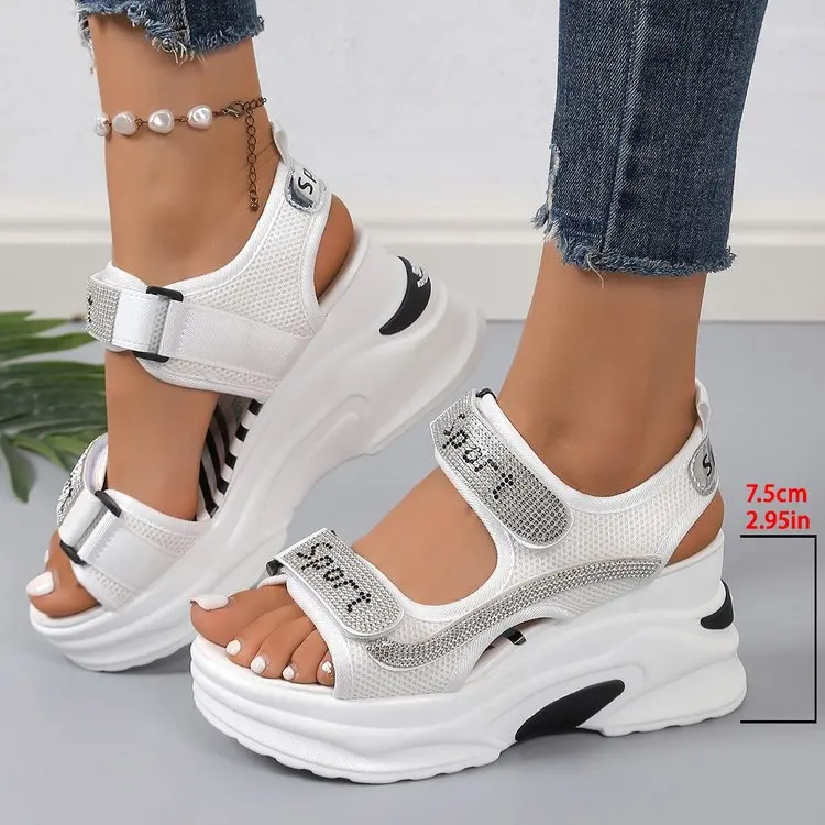 

Women's Rhinestone Strap Sandals-Breathable Mesh Upper&Chunky White Platform Sole Casual Streetwear Slides for Urban Outings