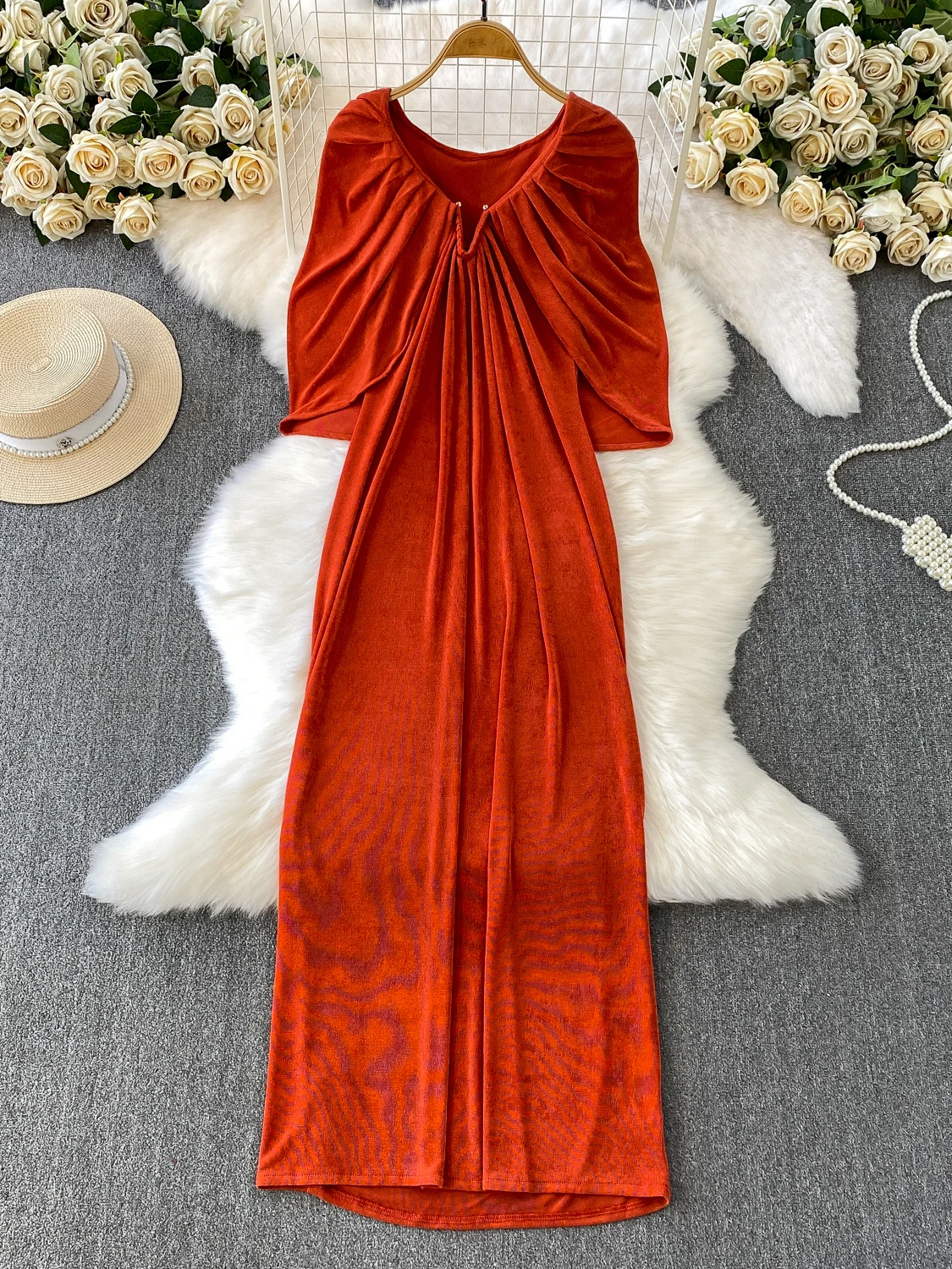 فستان طويل أنيق بياقة شال للنساء، تصميم عصري ضيق يصل إلى الركبة، مجموعة الخريف والشتاء للتنقل في المدينة