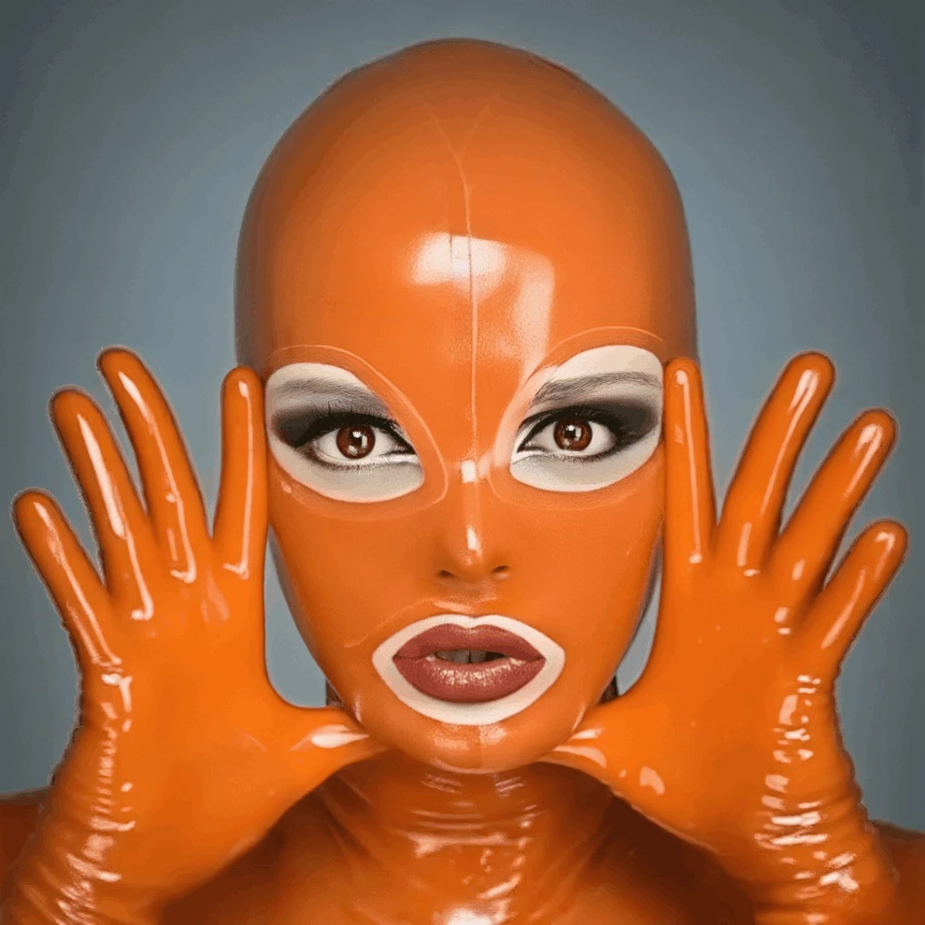 

Резиновая латексная оранжевая маска по индивидуальному заказу с отверстиями для глаз, перчатки, модный латексный головной убор для косплея, костюм для игр, фетиш-одежда