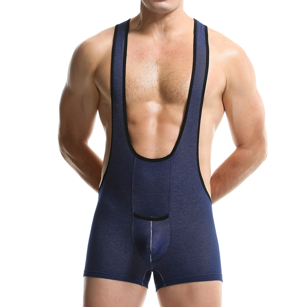 

Men Undershirts Faux Denim Breathable Bodysuits Boxers Penis Pouch Wrestling Singlet Seamless Jumpsuits Leotard Gay Underwear