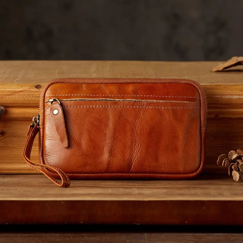 AETOO Handcrafted original men's genuine leather phone case, retro and individual vegetable-tanned cowhide multi-functional coin