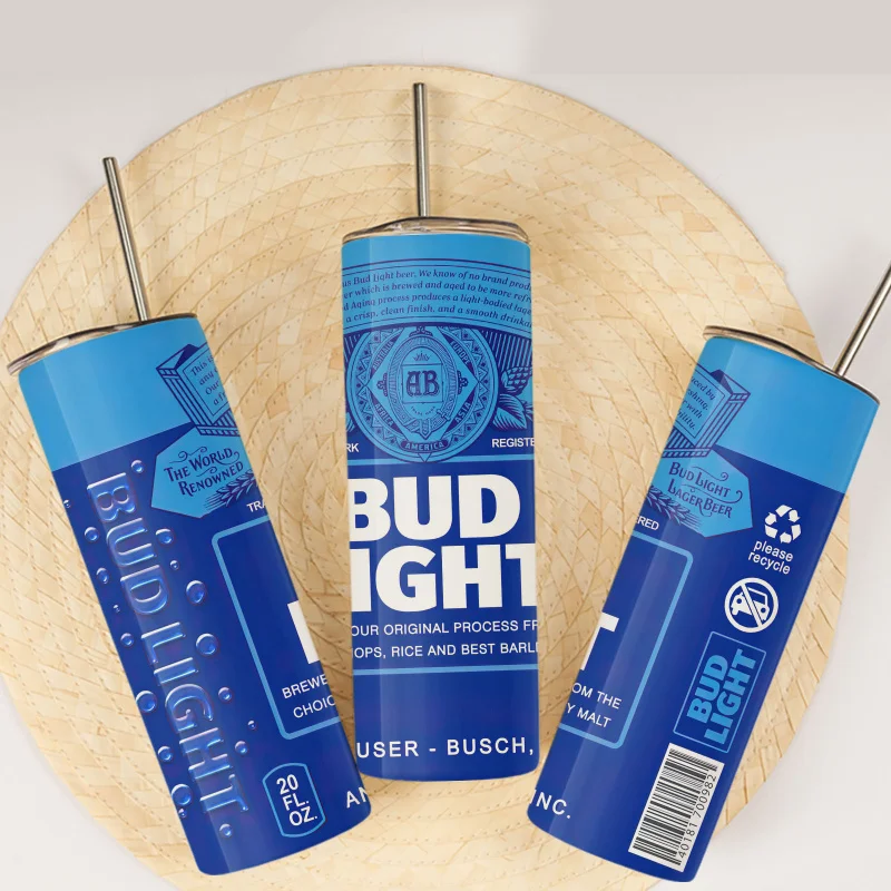 1pc 20oz Keep Cold Tumbler BUD Light Beer Can With Straw and Lid Stainless Steel Insulated Blue Water Bottle Gift for Music Fans