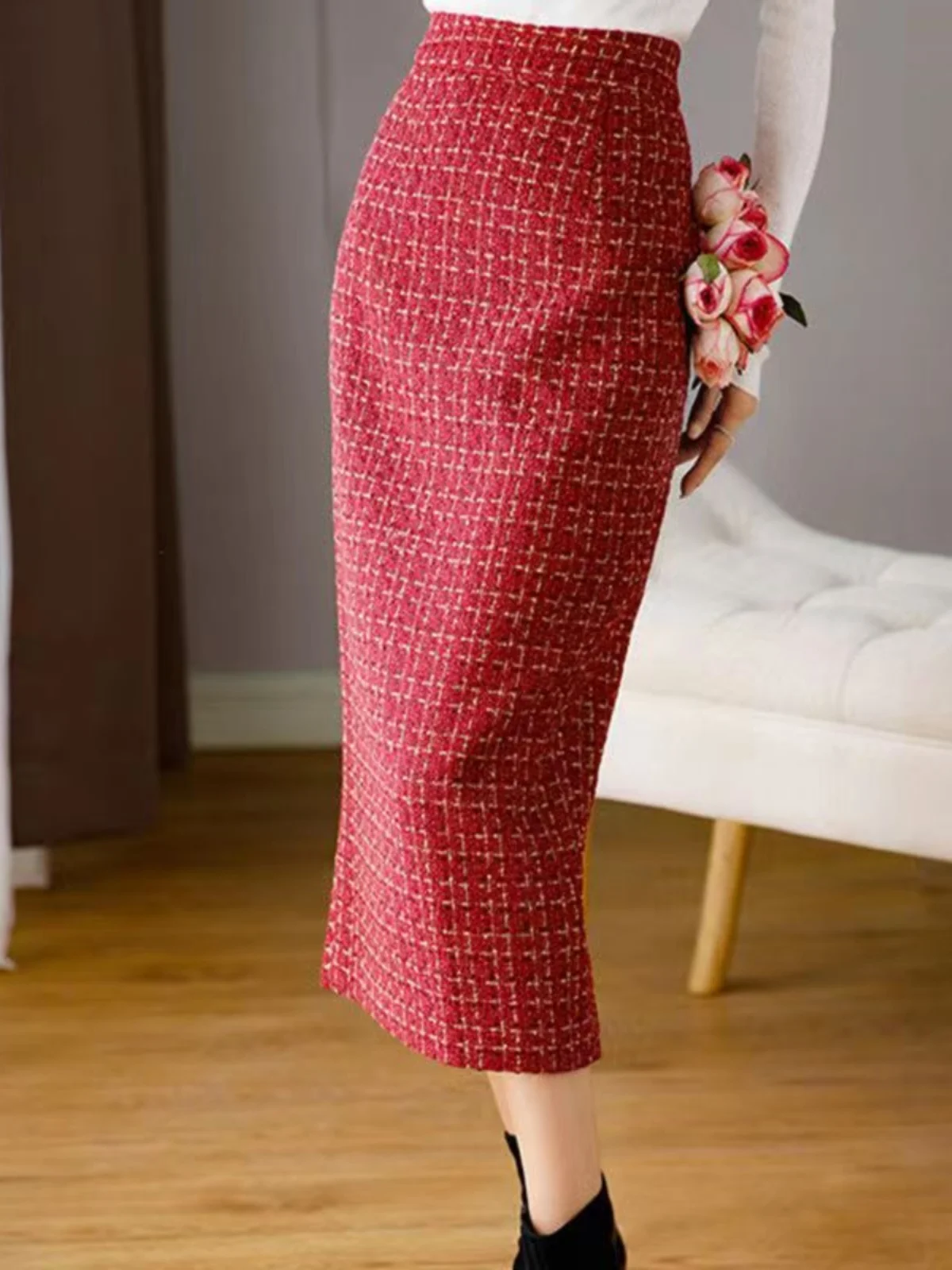 Woolen skirt slit plaid wine red high pencil long skirt women