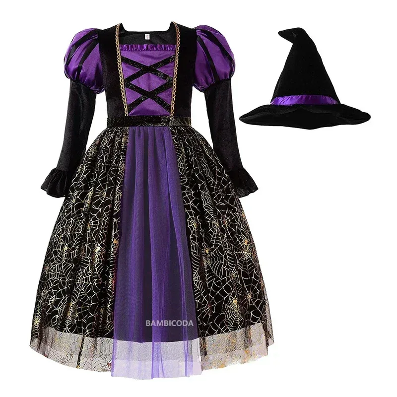 Disfraces de Halloween de bruja brillante para niñas, vestido largo morado con luz LED para niños, traje de cosplay de Carnaval con sombrero de escoba 72b