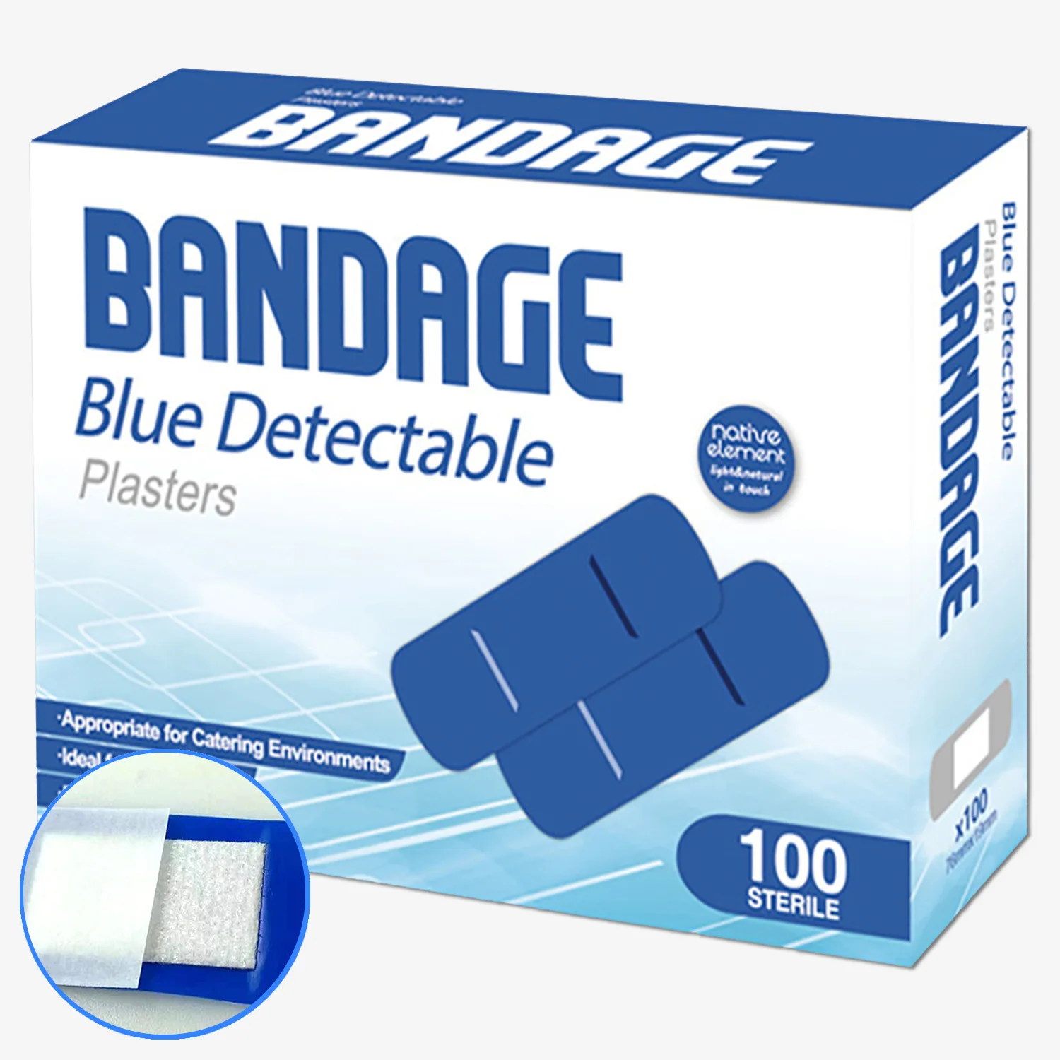 1box 100strips Wound hemostatic patch food catering bandage blue metal detectable bandage waterproof adhesive plaster applicatio