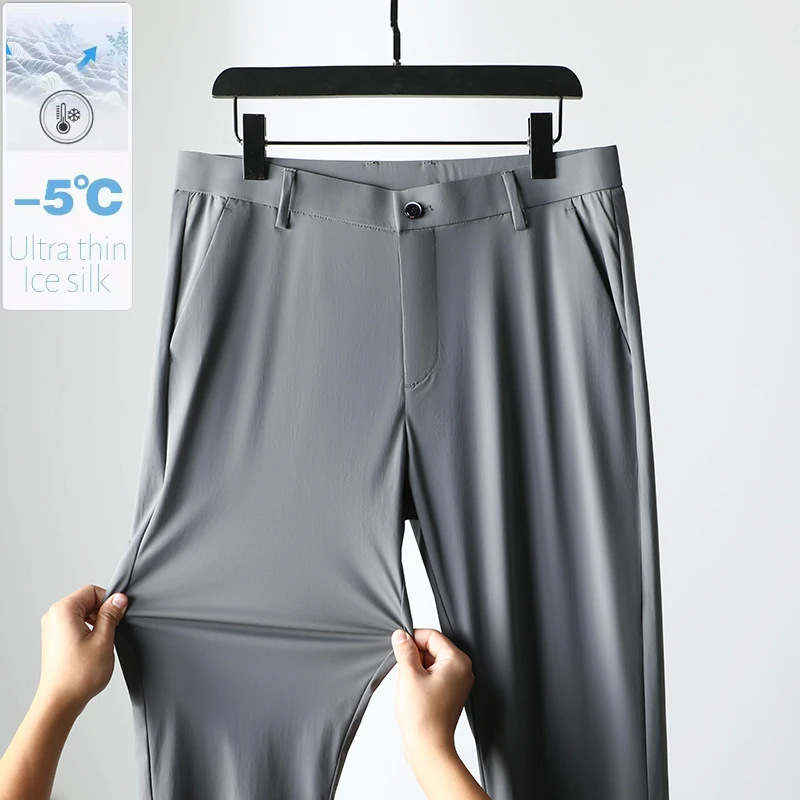 

Ultra-thin Ice Silk Quick-dry Casual Pants Men Straight High Elastic Draped Business Korean Spring Summer Trousers Brand Clothes