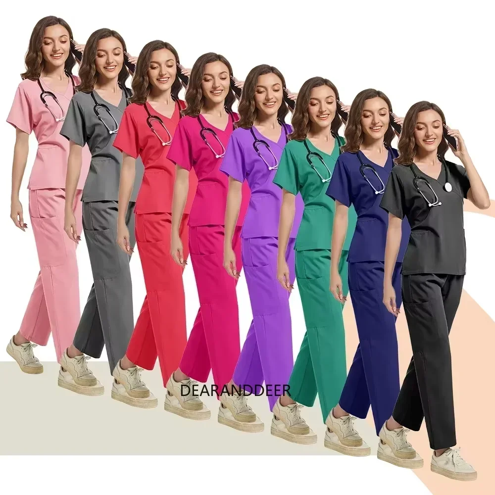 Surgical scrub care set doctor medical and dental clinic clinical laboratory beauty salon nurse uniform top+multi-pocket pants