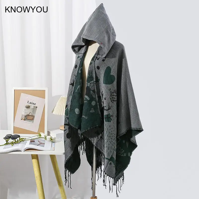 Hooded Capes for Men Christmas Deerlet Gift Poncho Men Warm Cashmere Blend Shawl Tassels Jacket Casual Outwear Pashmina