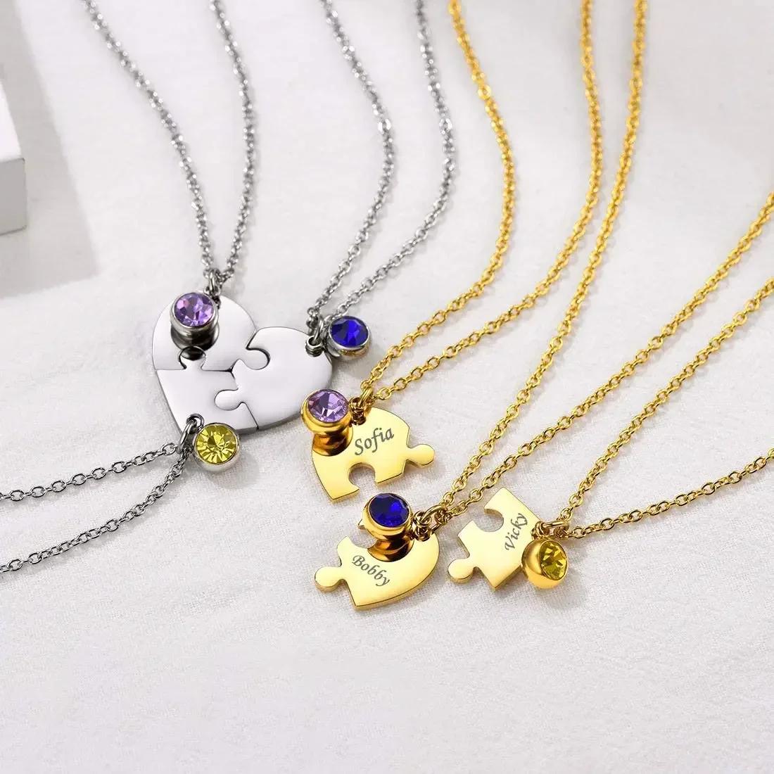 U7 Stainless Steel Heart Puzzles Necklaces with Birthstones Custom engrave names Family Members Lover BFF Jewelry set