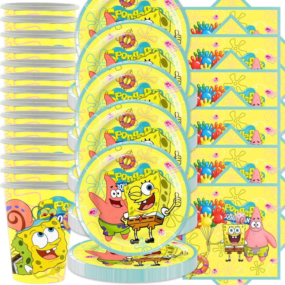 SpongeBob Cartoon Theme Kids Boys Favors Cups Plates Happy Birthday Party Napkins Decoration Events Supplies 60pcs/lot