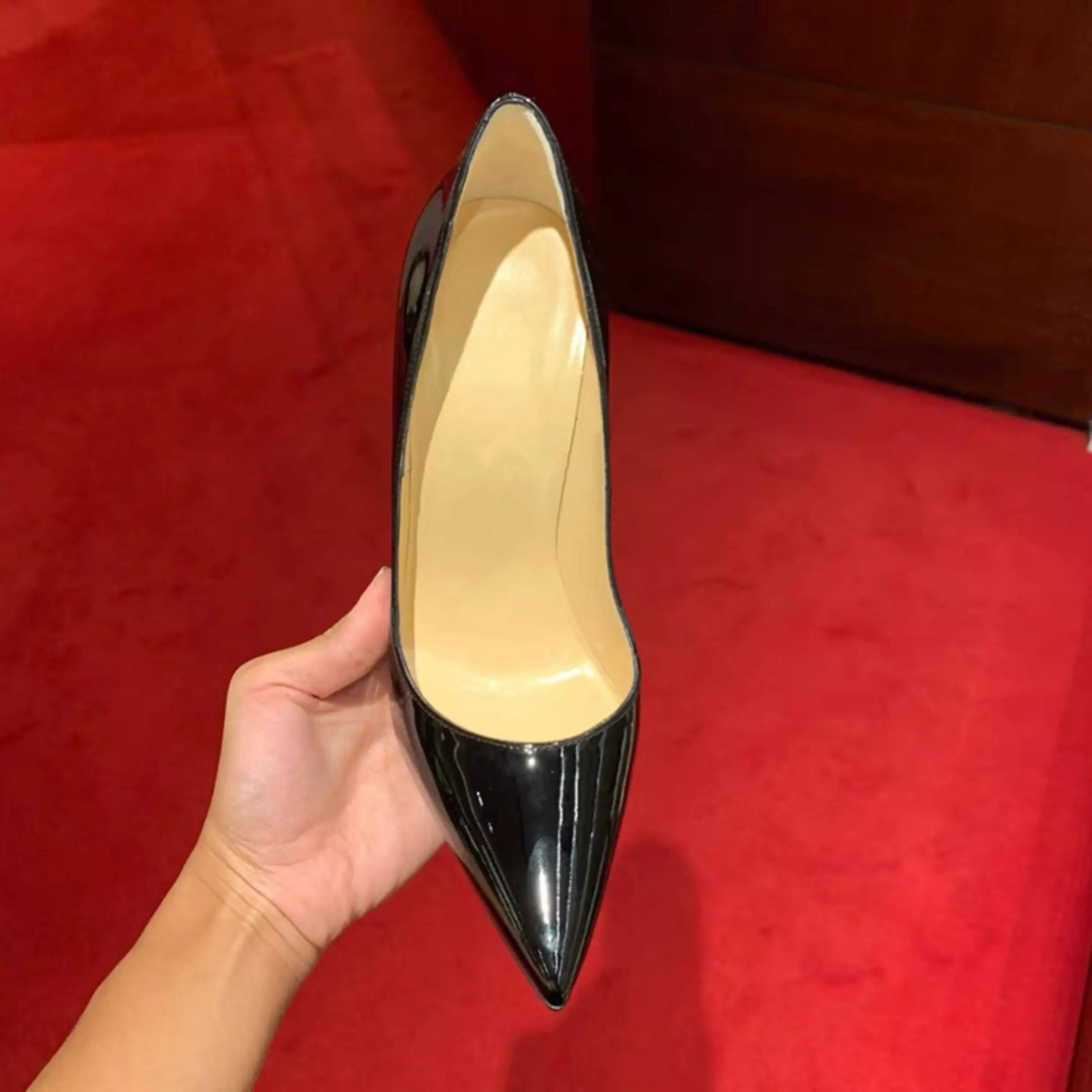 New Spring 12cm Socialite Super High Heels Black Classic Versatile Patent Leather Fine Heel Professional Plus Size Single Shoes