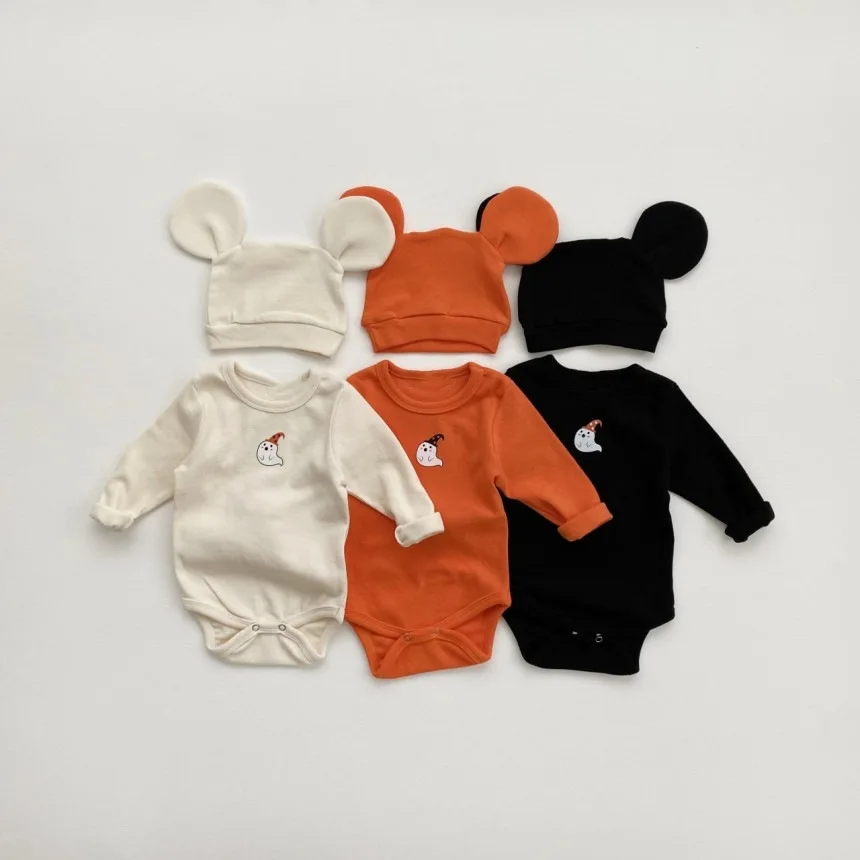 Newborn Infant Baby Ghost Print Romper Long Sleeve Bodysuit with Big Ears Beanie Hat Halloween Cute Outfit 0 24M