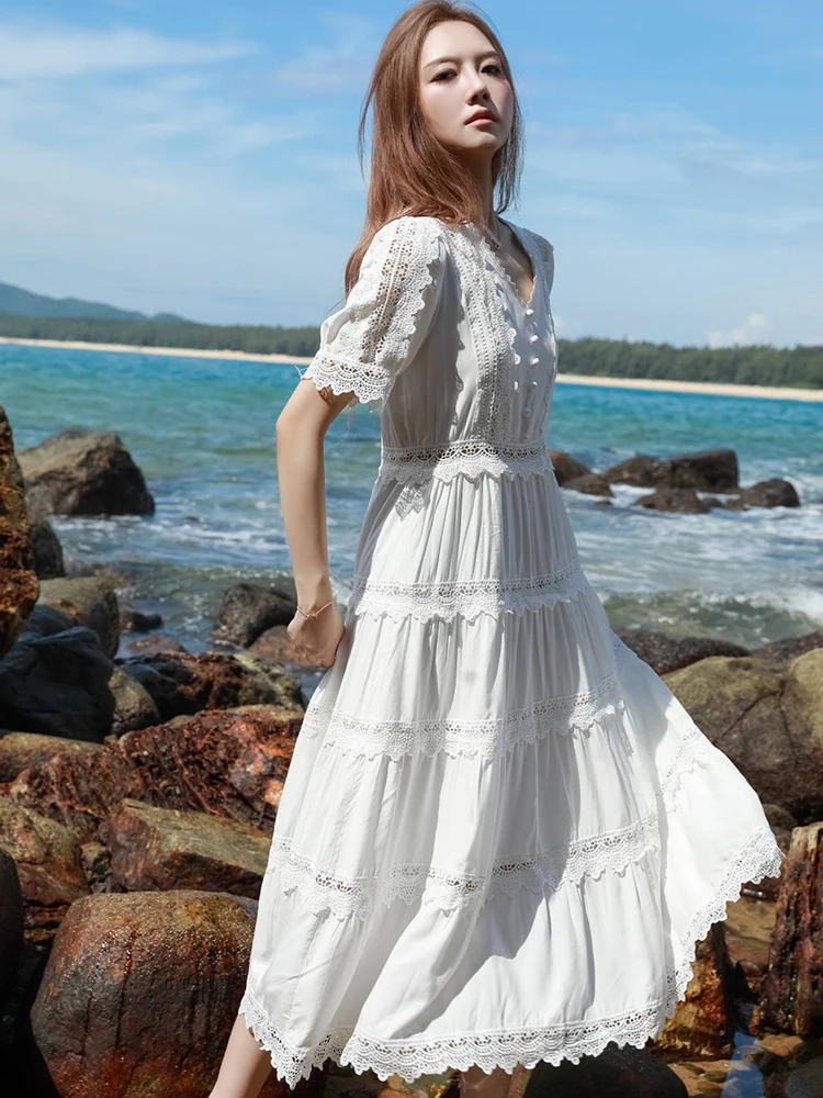 GypsyLady Elegant French Chic Tiered Dresses Summer Cotton Lace Ruffles Women White V-neck Holiday Beach Ladies Dress New