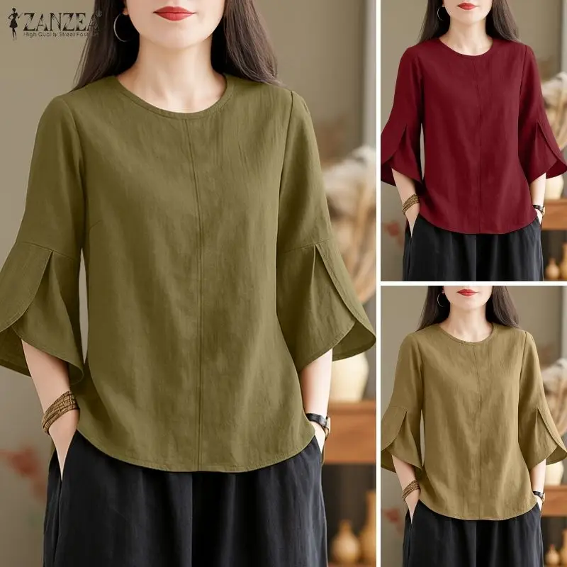 

ZANZEA Summer Blouse Trend 2026 Women Office Shirt Elegant 3/4 Petal Sleeve Work Blouses Casual O Neck Solid Loose Tops Oversize