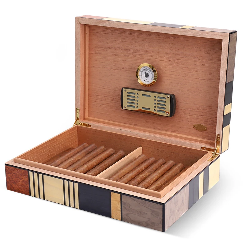 

Cigar Humidor Creative Cedar Wood Art Mosaic Pattern Cigar Box Cigar Case with Hygrometer and Humidifier