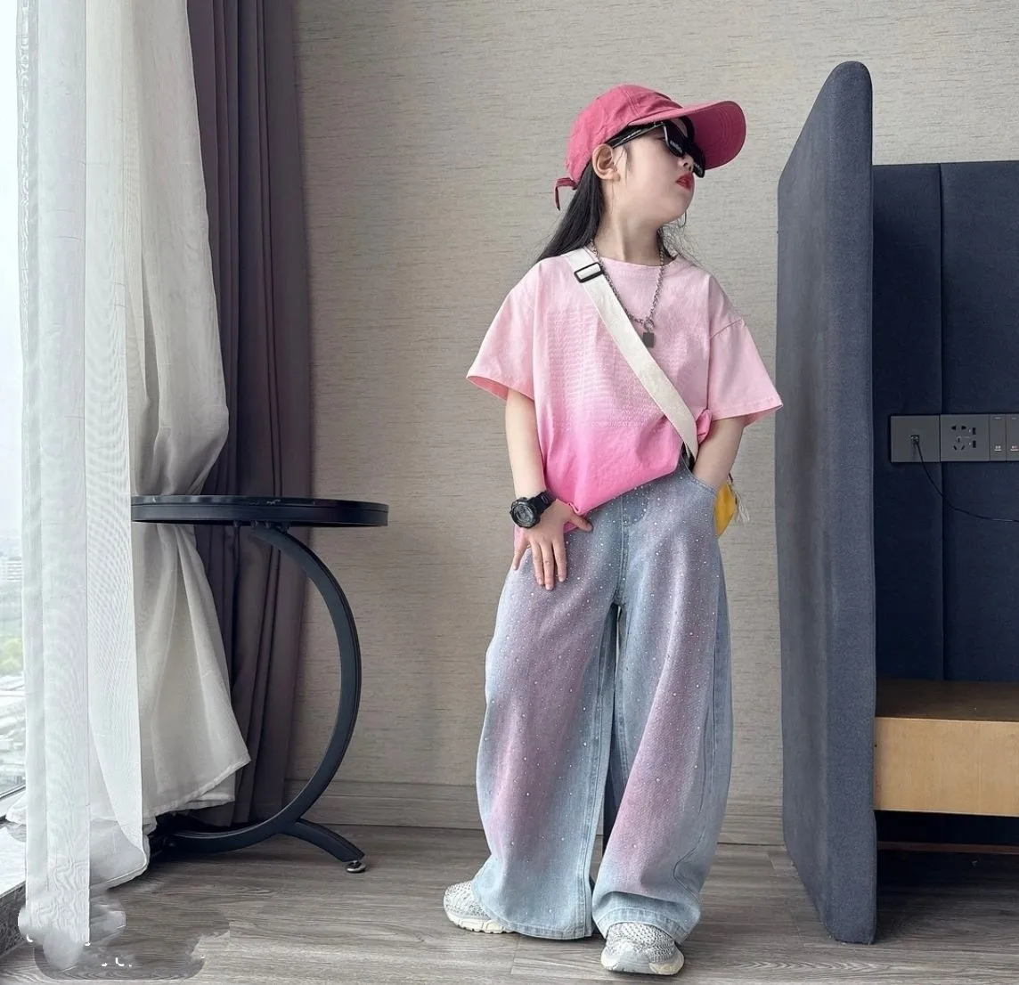 Girls' Summer Set 2026 New Children's Hanging Dyeing Short Sleeve T-shirt+Hot Diamond Cowboy Wide Leg Pants Two Piece Set