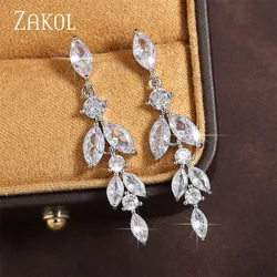 ZAKOL Elegant Leaf Cubic Zirconia Drop Earrings for Women Shiny CZ Bridal Long Earring Wedding Stylish Jewelry