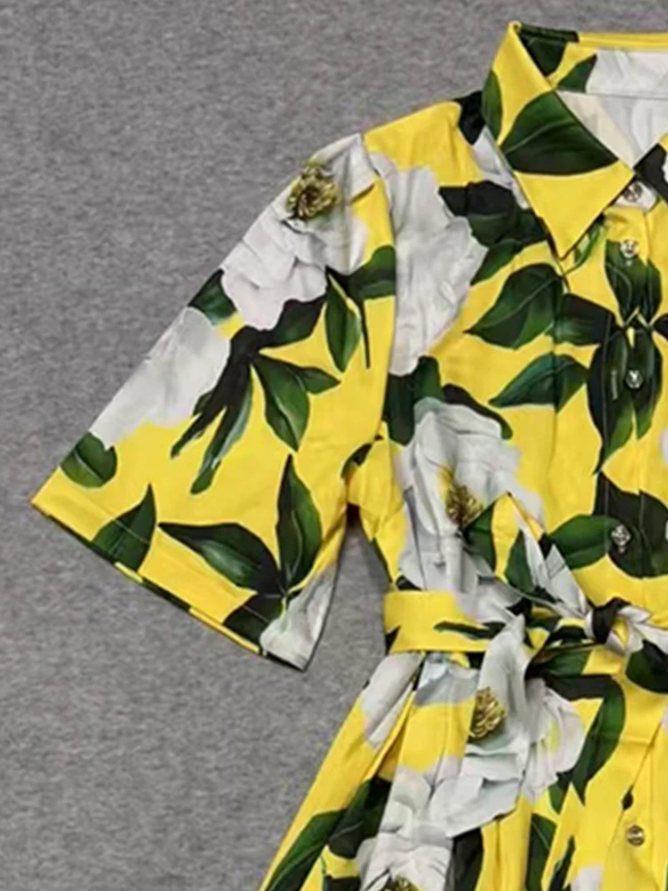 Elegante abito con stampa in vita con cintura a maniche corte 2025 primavera ed estate nuova gonna a camicia lunga altalena monopetto con risvolto da donna