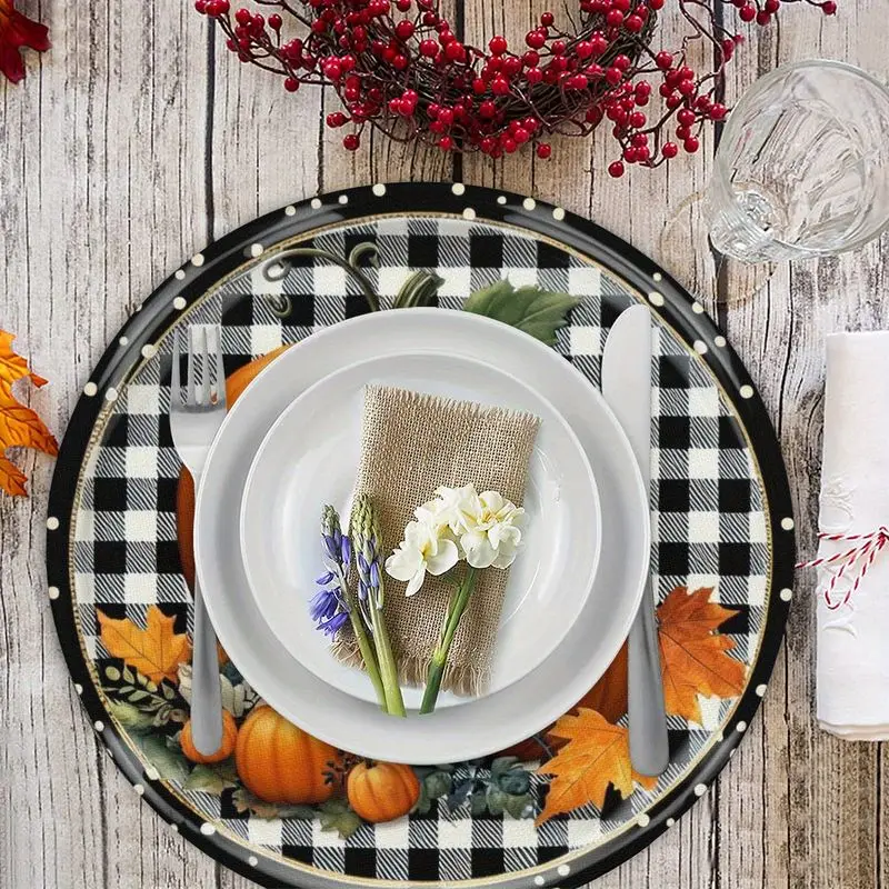 VIKAMA 2/4/6Pcs Round Fall Placemats Pumpkin Buffalo Plaid Maple Leaf Washable Heat‑Resistant Table Mats Dining Home Decor