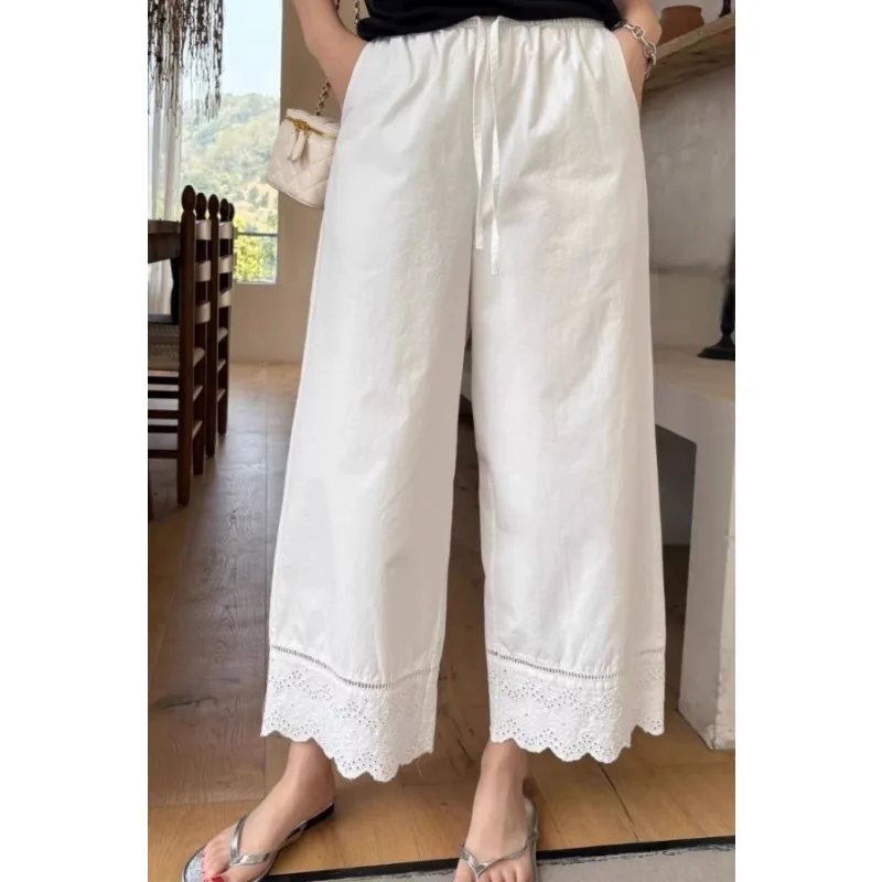 Embroidered Hollow Lace Casual Pants Women's 2026 Summer Loose Straight Nine-point Pants