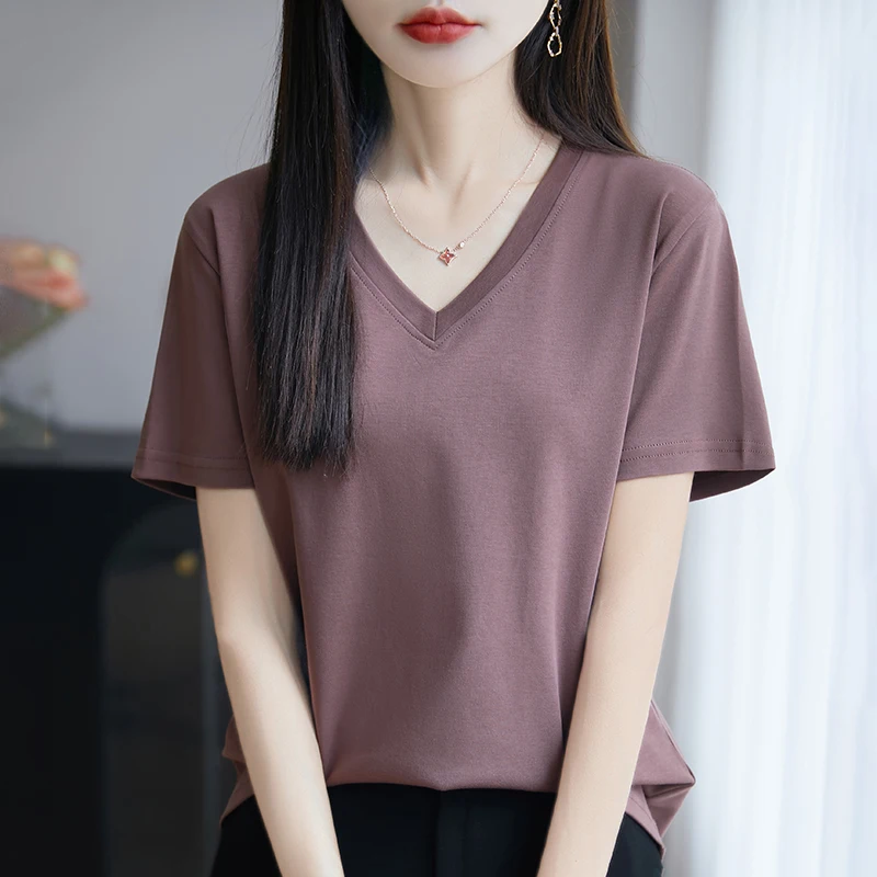 

Spring Summer New Temperament Mercerized Cotton Short Sleeve T-shirt Female Cotton Solid Color Loose V-neck Half Sleeve T-Shirt