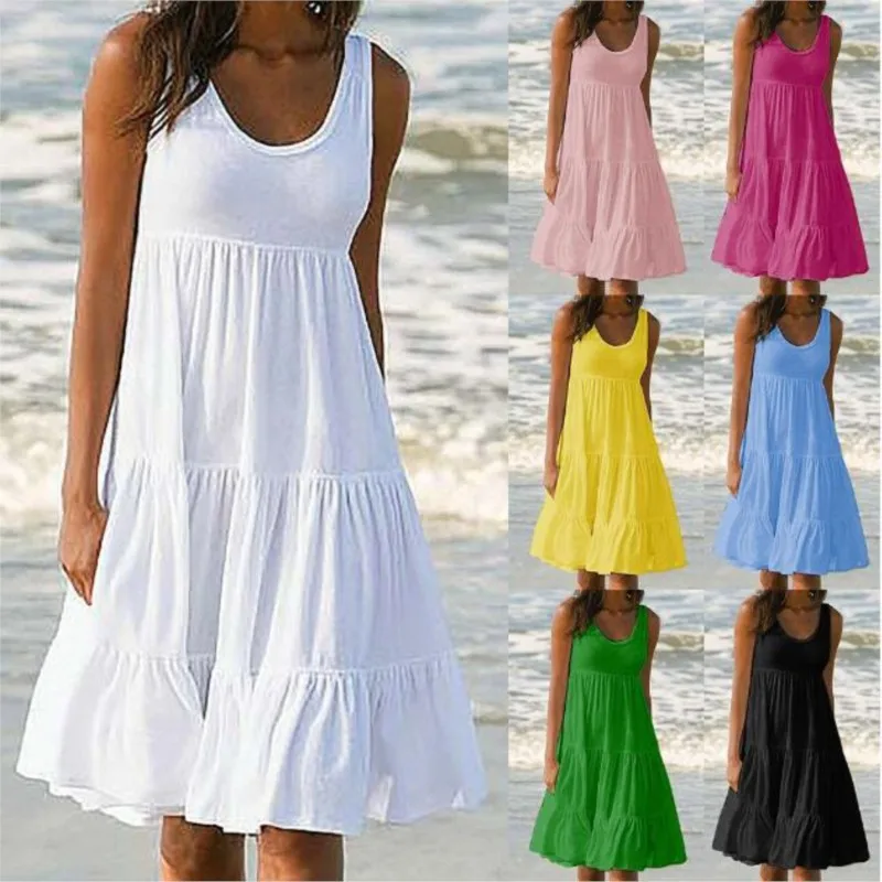 Vestido de verano blanco sin mangas con cuello redondo para mujer, Vestidos playeros holgados con volantes, bohemio, Color liso, elegante, para fiesta y Club