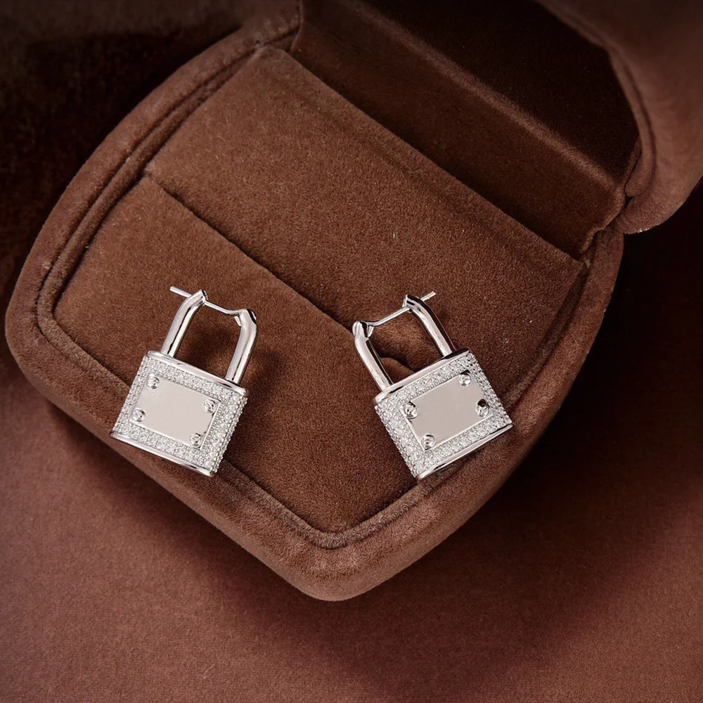 

Women's Silver Diamond Encrusted Padlock Earrings Lock Shaped Studs Rhinestone Sparkling Crystal Trendy Fashion Jewelry