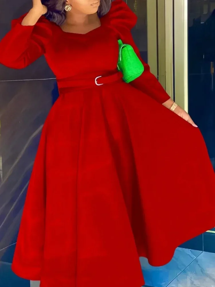 Платье трапециевидной формы с пышными рукавами, африканские длинные платья для женщин, осенняя распродажа 2024, вечернее платье с высокой талией и поясом, женское платье больших размеров