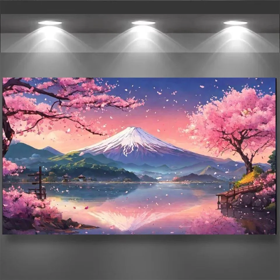 Diamond Painting DIY Japanese Volcanic Sakura Landscape Diamond Mosaic Kit Full Square Round Handmade Rhinestone Cross Stitch