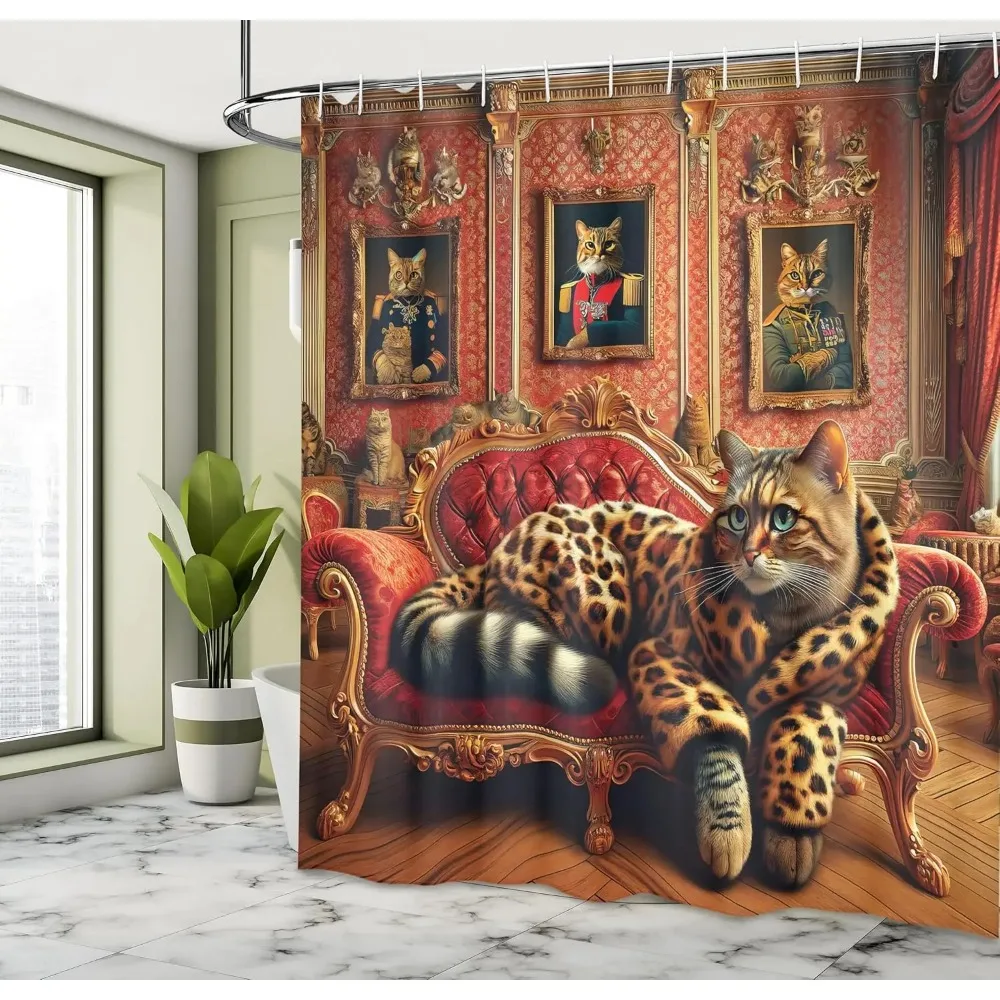 Ambesonne Cat Shower Curtain, Royal Kitty Leopard Coat Lounge Sofa Whimsical Humorous Animal Art, Marigold Salmon Fabric