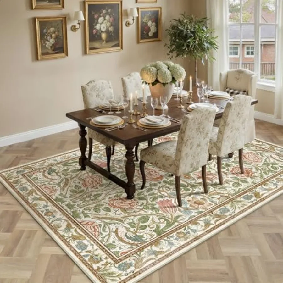 

Floral 5x7 Area Rugs for Living Room Neutral hine Washable Large Rug NonSlip Stain Resistant Low Pile Boho Accent Indoor Throw