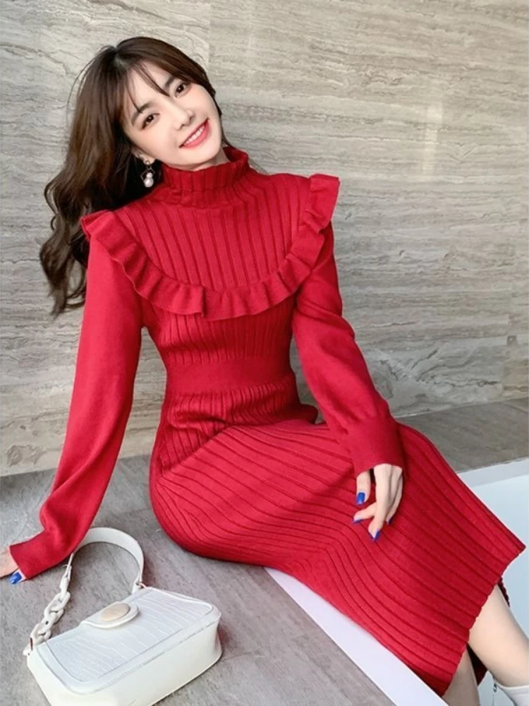 Chic Light Luxury Lady Fall Winter New Knit Dress Distinctive Design Niche Mid-Length Waist-Defining Flattering