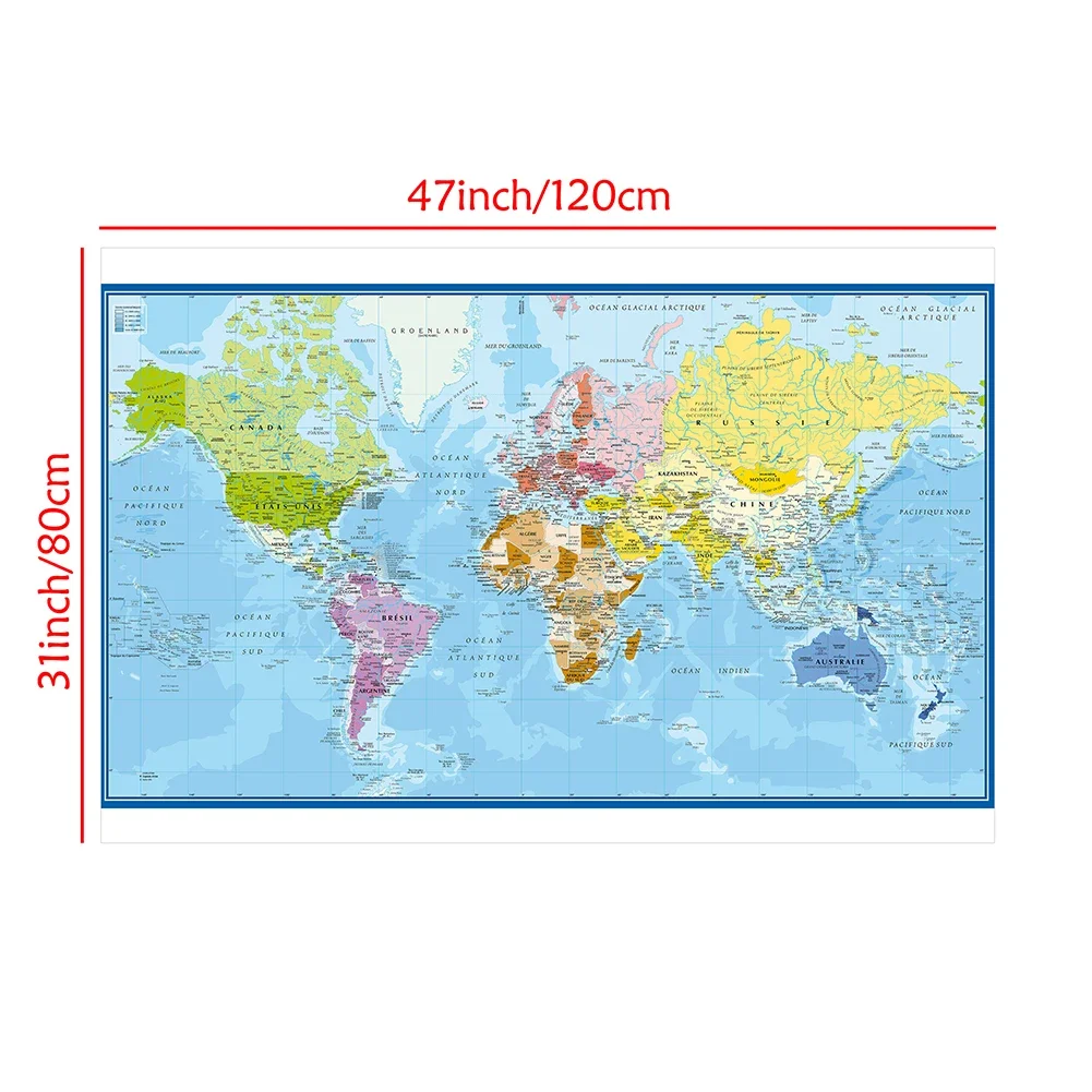 แผนที่โลกภาษาฝรั่งเศสโปสเตอร์ผนังไม่ทอไวนิลภาพวาดอุปกรณ์สํานักงานโรงเรียนตกแต่งบ้าน 120*80 ซม