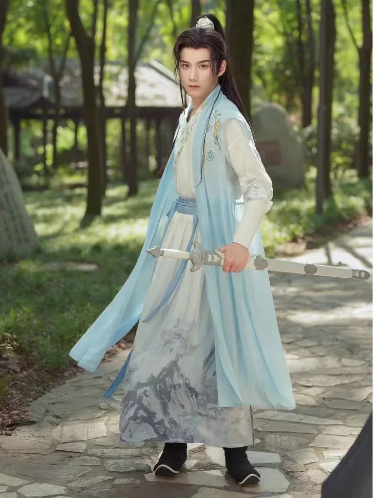 

Мужской и женский костюм династии Сун с перекрестным воротником, нишевый винтажный фехтовальщик, одежда для косплея, мужское платье ханьфу с вышивкой древней феи