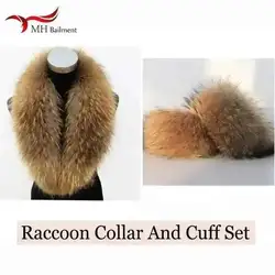 Luxury New Real Raccoon Fur Collar Cuffs Set Natural Winter Warm Fur Scarf Women Coat Hood Trim Fluffy Genuine Fur Accessories