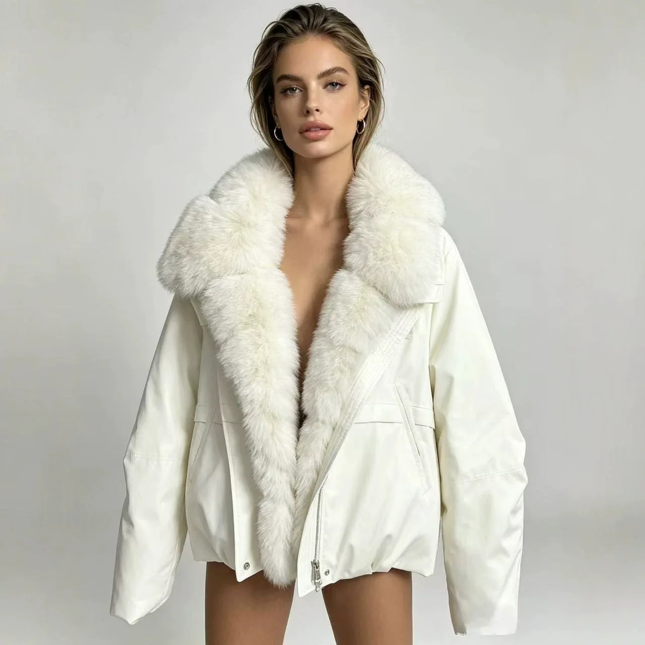 Women's Short Loose down Cotton Jacket with Imitation Fox Fur Collar Winter 2026 New Collection Fashion Outerwear
