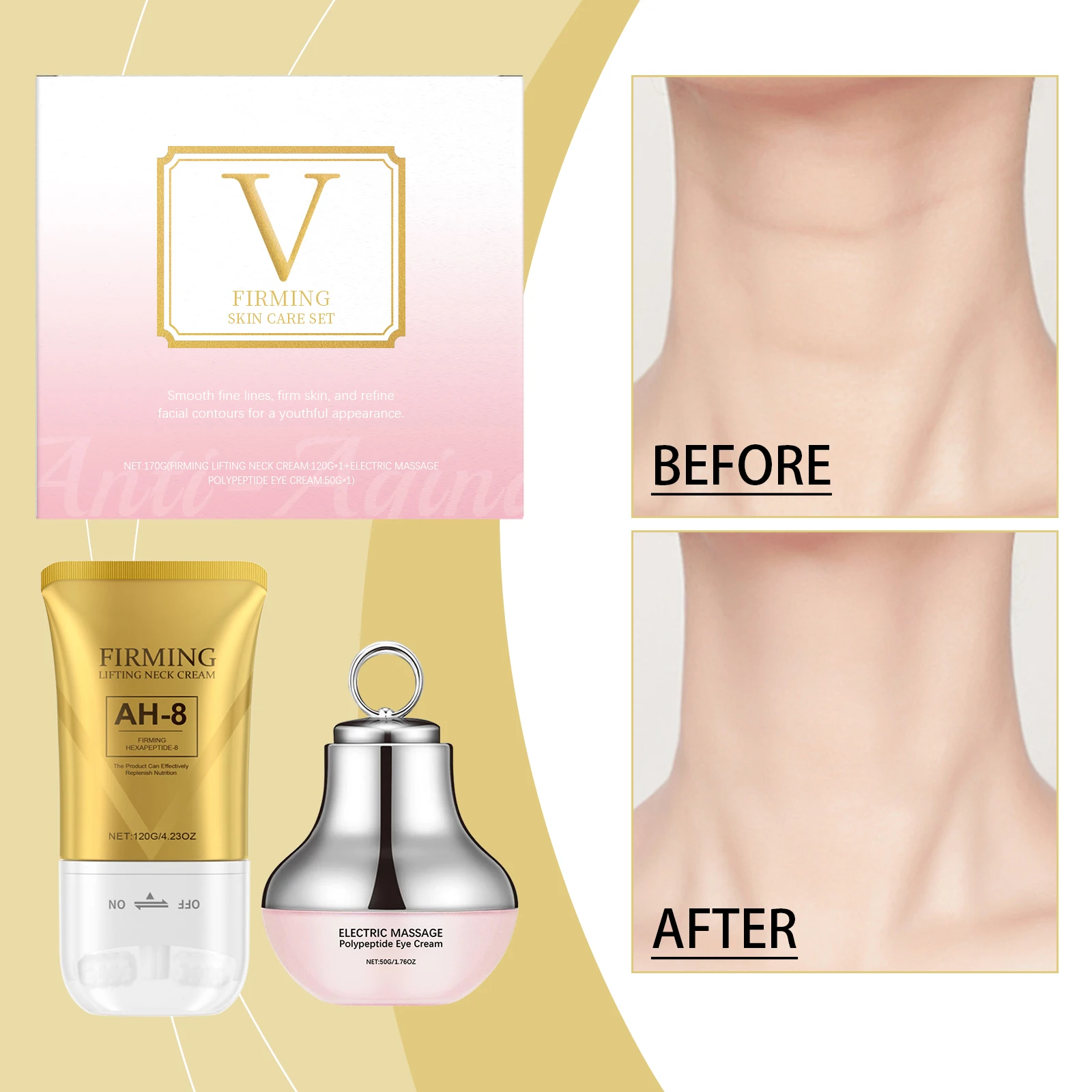AH-8 Firming Neck Cream Moisturizer Anti Aging Smoothing Wrinkles Electric Massage Polypeptide Eye Cream Eye & Neck Skincare Set