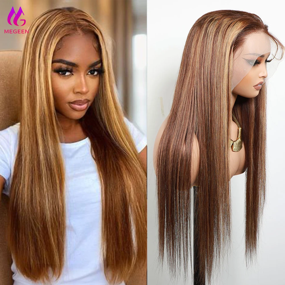 

Megeen Straight 100% Human Hair Highlight P4/27 Colored 13X4 Lace Front Wig Human Hair Pre Plucked Honey Blonde Lace Frontal Wig