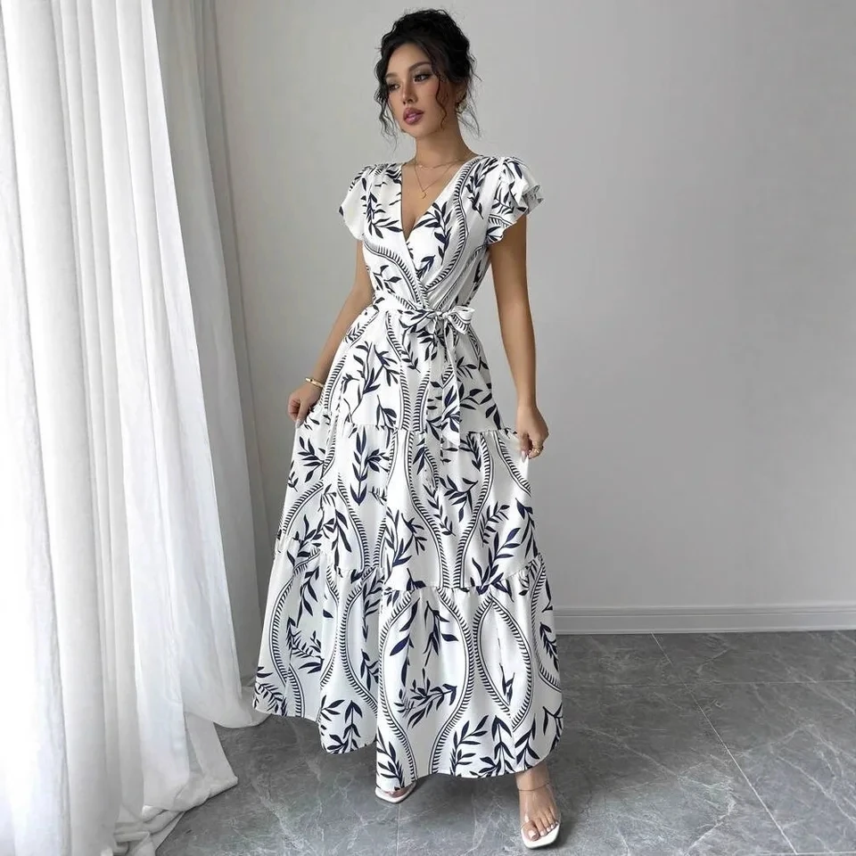 

Vestidos Longos Roupas Feminina V-neck Lace-up Waist Printed Summer Fashion Versatile A-line Bohemian Women's Holiday Long Dress