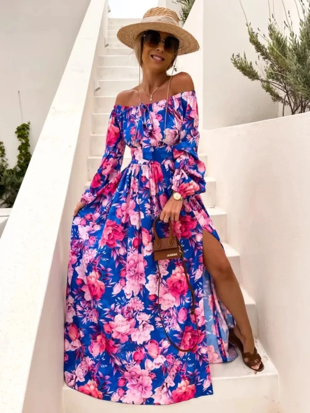 

New One Neck Pullover Long Sleeve Floral Printed Split Dress Summer Fashion Vacation Trailing Dresses