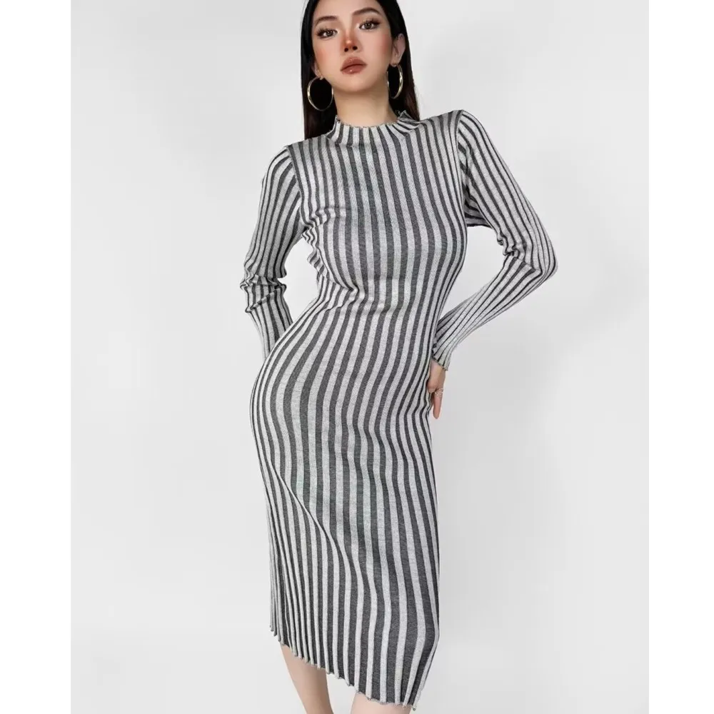 3 colors Sexy Contrast Color Striped Rib Knitted Full Sleeve Sweater Dress Women Stand Collar Skinny Slim Knee Length Robe