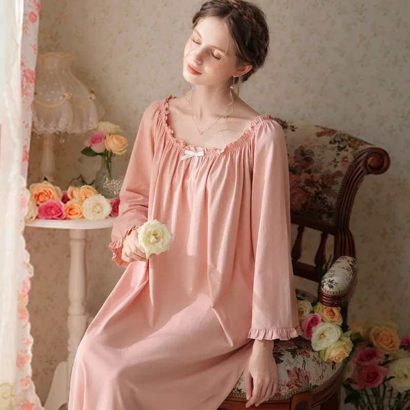 Vintage Cotton Loose Night Dress Women Spring Autumn Kawaii Ruffles Long Sleeve Sleepwear Princess Nightwear Nightgown Home Wear