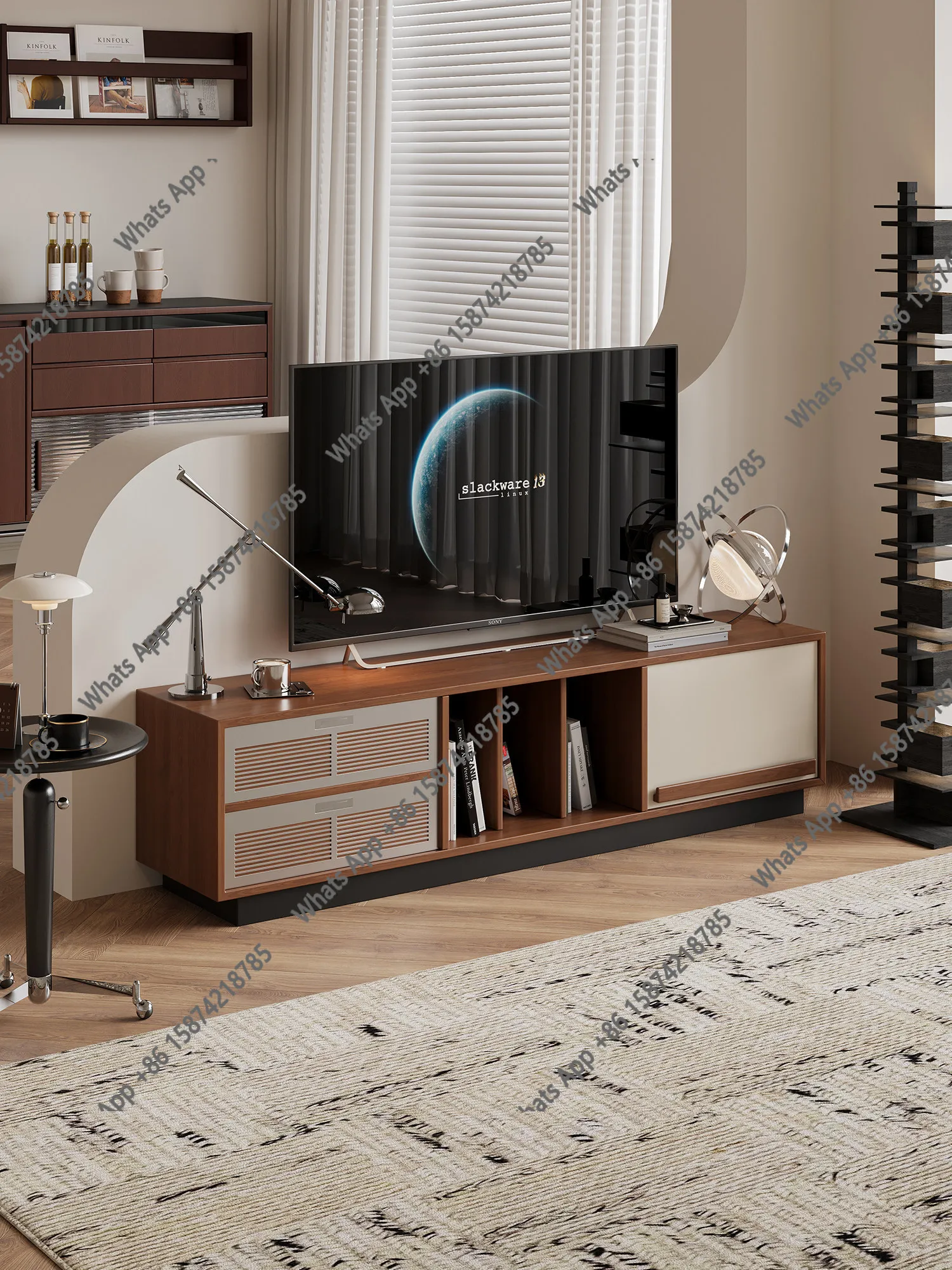 

Kawadano cream baffle TV cabinet floor-to-ceiling living room household integrated high-end storage cabinet wooden locker