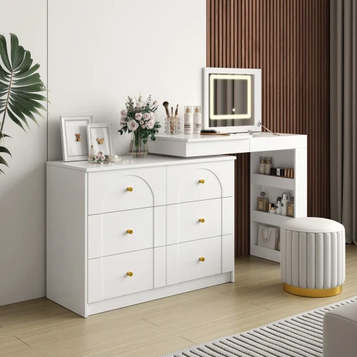 #LED Lighted Mirror Dresser Vanity Table With Foldable Flip Top  Shelves Glass Top For Bedroom