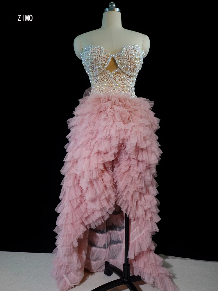 Vestido largo de encaje para mujer, traje Sexy de dos piezas, color rosa perla, para fiesta de noche, boda, Club, cumpleaños, celebración, escenario de Drag Queen